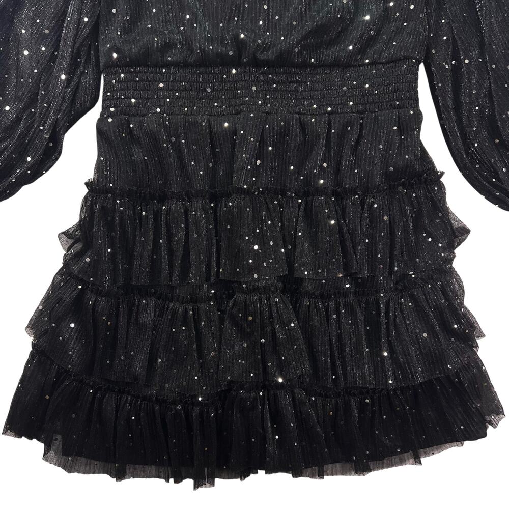 Vince Camuto Metallic Chiffon Mini Dress L Black Sheer Sleeve Tiered Sparkle - Picture 7 of 16